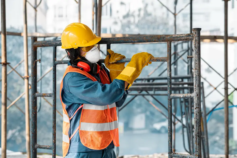 Homem carregando andaimes de construção civil